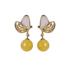 Stud 925 Sterling Silver Gold Plated Natural Amber Ear Studs Personality Butterfly Simple Round Beads Temperament Female Eardrops