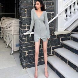 V-neck Long Sleeve Knitted Bodycon Dress Sexy Adjustable Drawstring Mall Goth Summer Clothes For Women GX681 210421