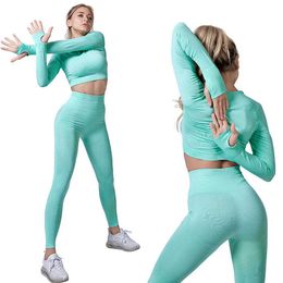 SeamlWomen Sport Suit Gym Workout Clothes Long Sleeve FitnCrop Top And Scrunch Butt Leggings Yoga Set 2pcs X0629