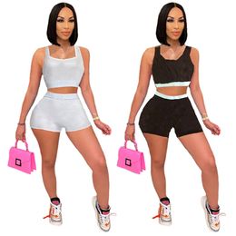 New Summer Women jogger suits outfits plus size tracksuits sleeveless tank top crop top+biker shorts two piece set casual white black sportswear running suit 4795