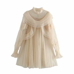 Fall Knitted Mesh Woman Dress Vanilla Ruffle Fairy Mini Women Long Puff Sleeve Pleated Transparent Party Ladies es 210430