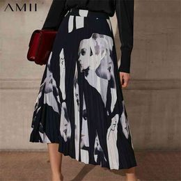 Minimalism Spring Summer Women's Skirt Fashoin Printed Pleated Aline Calf-length Women Chiffon Dress 12170029 210527