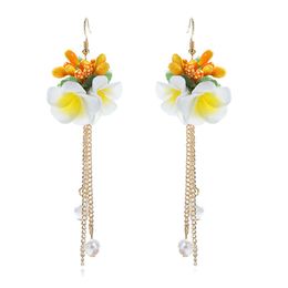 Statement Korean Sweet Fabric Flowers Long Dangle Earrings For Women Vintage Large Gold Metal Chain Earrings Jewellery