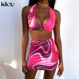 Kliou Aesthetic Print Two Piece Set Women Skirt Sexy Round Buckle Sheath SleevelV-Neck Cleavage Lace Female Clubwear Outfits X0709