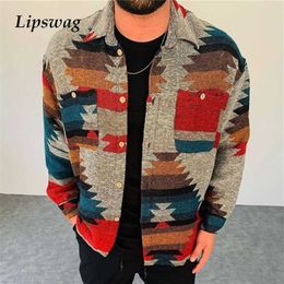 Harajuku Pattern Printed Coats Winter Mens Fashion Turn-down Collar Buttoned Jackets For Men Casual Autumn Long Sleeve Outerwear 211214
