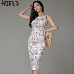 summer Korean temperament Elegant women High Waist print Slim Sheath Bodycon OL Pencil Dress Vestidos 210531