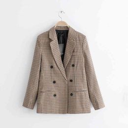 Autumn Women Brown Plaid Blazers Female Jackets for Women-s Outwear Feminine Office Ladies Notched Collar Tops Suits Sets 210421