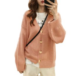 Knitted sweater women loose pink cardigans autumn winter Korean fashion v neck slim long sleeve sweaters feminina LR884 210531