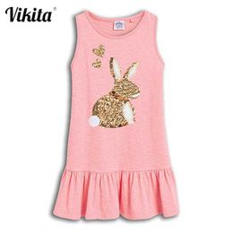 VIKITA Girls Sequined Dress Children Rabbit Butterfly Vestidos Kids Summer Dresses Toddlers Cotton Sleeveless Clothes Q0716