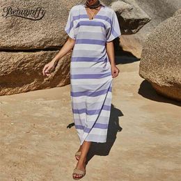 V-neck Striped Print Short Sleeve Dresses Women Fashion Summer Beach Style Casual Female Split Long Dress 210510