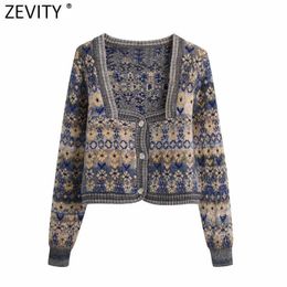 Zevity Frauen Vintage Quadratischer Kragen Blumendruck Jacquard Strickpullover Weibliche Langarm Chic Cardigans Mantel Tops S652 210603