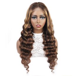 Ishow 8-40inch Brazilian Highlight 13x4 Transparent Lace Front Wig Peruvian Body Loose Deep Straight Curly 4/27 Brown Colour Human Hair Wigs for Women All Ages