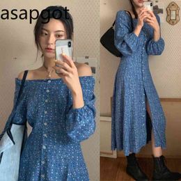 Dress Women Korean Chic Vintage Sweet Temperament Slash Neck Long Sleeve Single Breasted Floral Printed Blue Elegant 210429