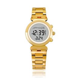 Adhan Watch for Muslim Women Islam Lady Clock in Gold Colour Al Harameen Fajr Time Wristwatch with Qiblah Compass Azan Alarm