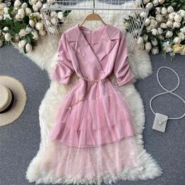 Women's Fashion Notched Neck Fold Mid-sleeve Stitching Mesh A-line Dress Elegant Clothes Vestidos S226 210527