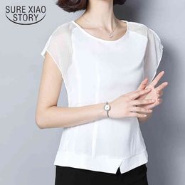 Summer White Ladies Shirts Blusas Sleeveless Chiffon Women Office Lady Solid Pullover Women's Blouse O Neck 9070 50 210415