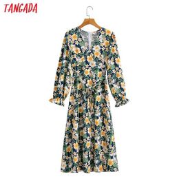 Tangada Autumn Fashion Women Flowers Print Dress V Neck Long Sleeve Ladies Midi Dress 1F225 210609