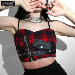 ISAROSE Red Plaid Camisole Sexy Gothic Leather Belt Cropped Top Metal Zipper Side Pocket Chic Summer Punk Camis Women Tops 210422