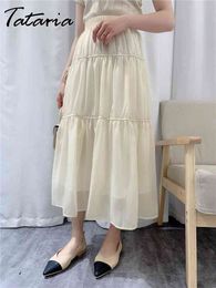 Summer Elastic Waist Gauze White Skirt Drawstring Half-body Shirring Pleat Long Women Krorean Fashion A-line Elegant 210514