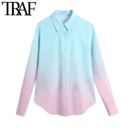 TRAF Women Fashion Tie-dye Print Loose Blouse Vintage Long Sleeve Button-up Female Shirts Blusas Chic Tops 210415