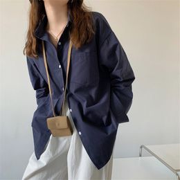 Work Wear Lapel Full Sleeves Loose OL Elegant Fashion Women Solid Korean Blouses Minimalist Basic Shirt Tops 210421