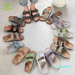 Sandals Slippers 16 Colour Women's Cork Slippers 2022 Summer Wear Fashion All Match Non Slip Couple Cowhide Slip on Vacation Beach Shoes 2202
