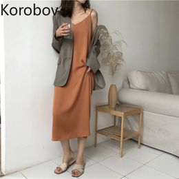 Korobov Summer Korean V Neck Women Spaghetti Strap Dress Vintage Solid Midi Dresses Chic Preppy Style Vestidos Femme 210430