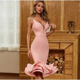 High Quality Pink White Black V-Neck Sleeveless Non-Slip Ruffled Rayon Bandage Dress Elegant Sexy Party 210525