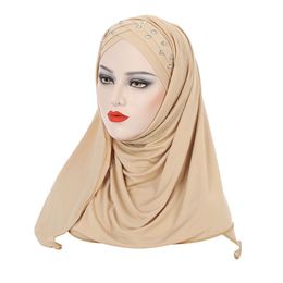 Ramadan Muslim Women Solid Color One Piece Rhinestone Wrap Hijabs Scarf Head Cover Islamic Stretch Turban Scarves Shawls