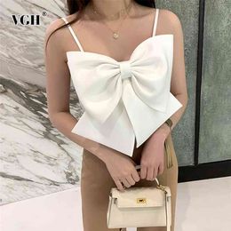 VGH sexy patchwork bow women vest square collar sleeveless spaghetti strap slim tunic tank tops female clothes fashion tide 210401