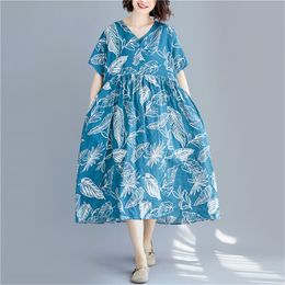 Johnature Women Print Floral Dresses V-Neck Short Sleeve Summer Cotton Blend High Waist Robes Vintage Women Dresses 210521