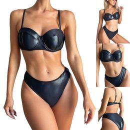 Women's Swimwear Sexy Lingerie 2 Pieces Set, Black PU Leather Bra + High Waist Thong Babydoll Sleepwear Beachwear