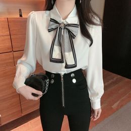 Long sleeve Bow Tie Blouses Shirt Vintage Blouse Women White Lady Spring Female Loose clothes Tops 696B 210420