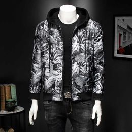 Spring Hooded Jacket Men Designer Print Fashion Casual Bomber Jacket and Coat Slim Outerwear Male Clothing Plus Size M-5XL 210527