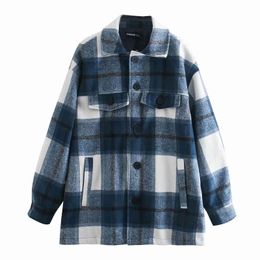 Vintage Chic Contrast Colors Patchwork Plaid Jacket Stylish Women Cotton Pockets Turn-Down Collar Coat Casual Girls Streetwear 210520