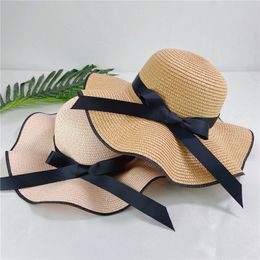 Women Simple Bowknot Straw Hat Summer Beach Sun Protection Cap Solid Colour Outdoor Casual Caps Ruffle Wide Brim Hats