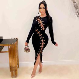 New 2024 Women Autumn And Winter Solid Color Long Sleeve Bandage Dress Sexy Hollow Out Halter Ladies Club Party Dresses