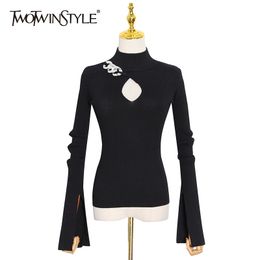 TWOTWINSTYLE Hollow Out Patchwork Chain Sweater For Women Turtleneck Long Sleeve Slim Knitted Tops Fashion Clothing 210517