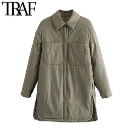 TRAF Women Fashion With Pockets Padded Loose Thin Jacket Coat Vintage Long Sleeve Side Vents Female Outerwear Chic Overshirt 210415