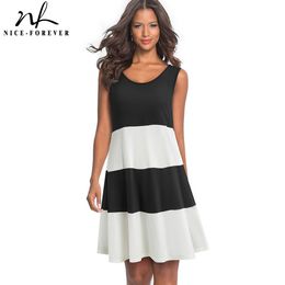 Nice-forever Summer Women Classic Black and White Patchwork Dresses Casual Oversized Flare Sun Dress 1btyA166 210419