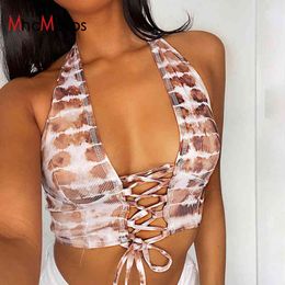 Lace Up Printed Bandage Ribbed Corset Top Women Sexy Halter Tanks Hollow Out Crop Tops Vintage Club Bodycon Clothes 210517