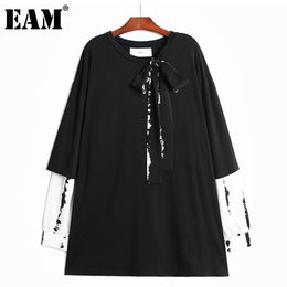 [EAM] Women Black Big Size Chiffon Bow Printed Dress Round Neck Long Sleeve Loose Fit Fashion Summer 1DD6618 210512