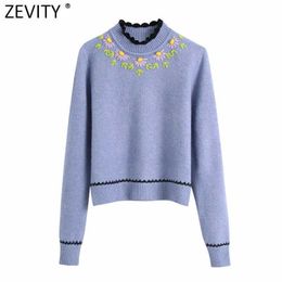 Zevity Women Fashion Lace Crochet Flower Appliques Casual Knitting Sweater Femme Chic Long Sleeve Embroidery Pullovers Tops S575 210603