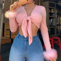 GAOKE Pink V-Neck Sexy Women Shirt Front Bandgae Lace up Long Sleeve Patchwork Feathers Cute Cropped Skinny Fall Short Tops G220228