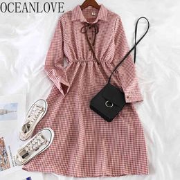 Korean Robes Bow Plaid Women Dress Girls Female Elegant Vestidos Long Sleeve Autumn Dresses Sweet Vintage 17548 210415