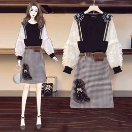 Fashion Sequined Patchwork Women Two Piece Sets Lantern Sleeve Embroidery Sweater Top + Midi Plaid Skirt Suit With PU Sashes Bag 210416