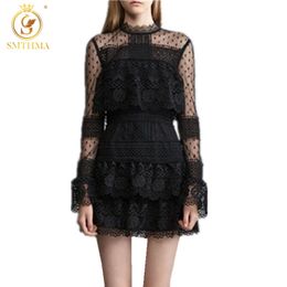 HIGH Quality Fashion Lace Hollow Out Runway Dress Flare Sleeve Cascading Gauze Dresses Vestidos 210520
