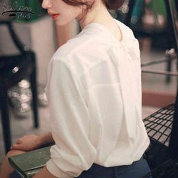 Autumn Korean Style Solid White Chiffon Blouse Long Sleeve Back Bow V-neck Women Tops and Office Lady 11571 210427