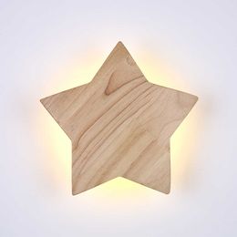 Hartisan Star Wood Wall Lamp TV Background Wall Decorative Led Lighting Bulb Sconces Nordic Natural Wood Kids Room Light 210724