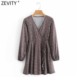 Zevity Women Sexy V Neck Leopard Print Agaric Lace Mini Dress Female Chic Side Zipper Ruffles Casual Slim Vestido DS4755 210603